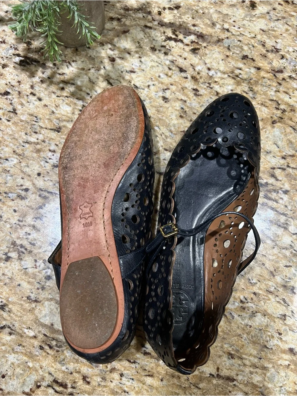 Tory Burch Black Perforated Mary Jane Flats w/ Gold Hardware 10M